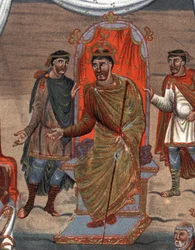 detaljer om: Karl II den skallige (823 - 877), kung av Frankrike som tar emot en delegation av munkar från Tours.Fac-Simile i kromolitografi av 1800-talet efter en miniatyr av Xth århundradet bevarad på B.N. av Paris.
