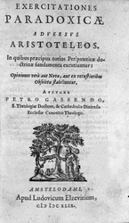 frontispice av ""The Paradoxical Exercises Against Aristoteles"" av Pierre Gassendi (1592-1655), fransk filosof, astronom, matematiker och fysiker.