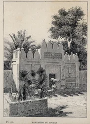 habitation du Sudan (Sudan) - gravyr från 1889 i "History of human habitation at the Universal Exhibition of 1889, by Mr Charles GARNIER - Librairie centrale des beaux-arts Paris 1889