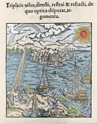 illustration i "" Opticae Thesaurus"" av Alhazen, Abu Ali Al-Hasan Ibn al-Haitham (987-1038 eller 965-1039?) - irakisk matematiker, fysiker och filosof. 1572
