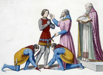 riddare - Uppmjukning av en riddare i Italien på 1300-talet - gravyr