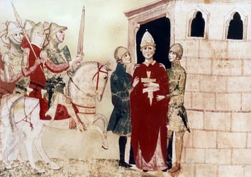 påven Bonifatius VIII (1294-1303) här fånge i Anagni 1303, illustration från 1300-talets manuskript