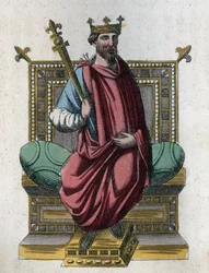 Porträtt av Otto I, även känd som Otto den store (912-973), tysk-romersk kejsare (Otto I av det heliga riket, Otto den store; Ottone I di Sassonia, detto Ottone il Grande) - gravyr ur "Usi e Costumi di Tutti i Popoli dell