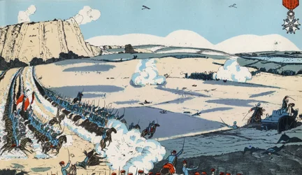 Det heroiska försvaret av Liége. Augusti 1914. Illustration från "" La Grande Guerre "", bok utgiven 1914 av Tolmer et Cie.