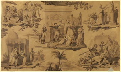 Teckning, Tecknad serie för tryckt bomullstextil: Fransmännen i Egypten [Les Francais en Egypte], ca 1815