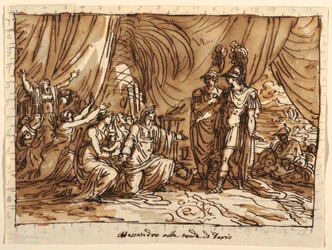Teckning, takdesign, Alexander och Darius familj, Alexanders nåd, Sala di Alessandro, Palazzo Naldi, Faenza, 1803