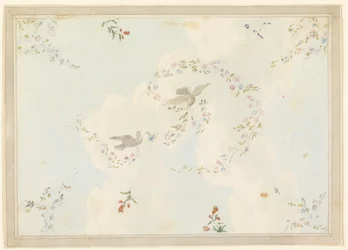 Ritning, takdekor med duvor och blomstergirlanger, möjligen till entréhallen, 1815-22