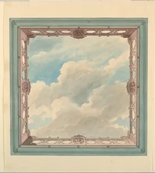Teckning, takdesign med balkong och öppen himmel, möjligen för vinterträdgård, musikrum eller matsal, ca 1820