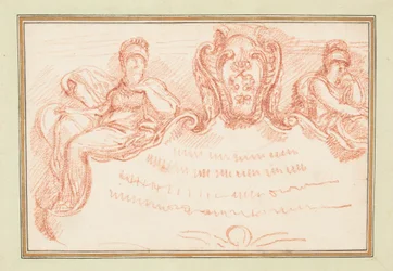 Ritning, takdetalj med två sittande figurer och vapensköld, ca 1759-70