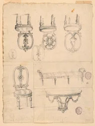 Teckning, stolar och arkitekturskisser, ca 1800