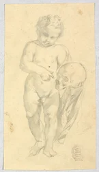 Teckning, Barn bärande på en dödskalle, 16-1900-tal