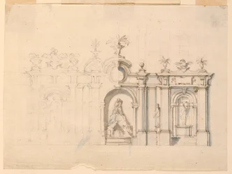 Teckning, Kolonnad med fontän, ca 1770