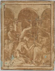 Teckning, kopia av Törnekröningen i Albrecht Dürers Lilla passion, utgiven 1511, 1525-1600
