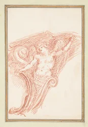 Teckning, hörndetalj med delvis naken mansfigur, ca 1759-70