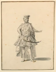 Teckning, kostymdesign: Persisk prins, för en scenproduktion designad av Giuseppe Galli Bibiena, 1719