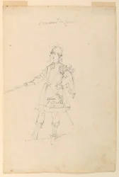 Teckning, kostymdesign: Vapenmästaren för en balett, ca 1720