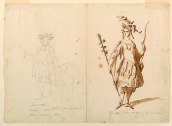 Teckning, Kostymdesign: Ungdom och Diana för en balett, ca 1720