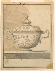 Teckning, täckt keramikfat, 1750-90