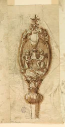 Teckning, krön på en processionsstav, 1600-1650