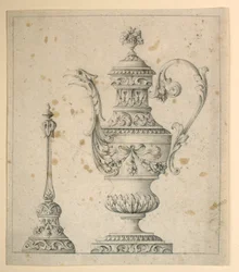 Ritning, Dekorerad kanna och handklocka, 1860-80