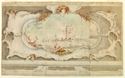 Teckning, dekorativ kartusch med landskap, ca 1770