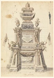Ritning, Förslag till en katafalk för en påves minnesstund, troligen Clemens XI, 1721