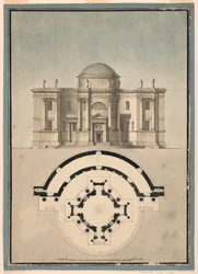 Ritning, Förslag till ett klassiskt tempel med tempietto och halvcirkelformad aedikula, ca 1780