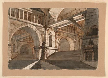 Teckning, scenografi, underjordiska trappor och gallerier i ett befäst palats, ca 1800