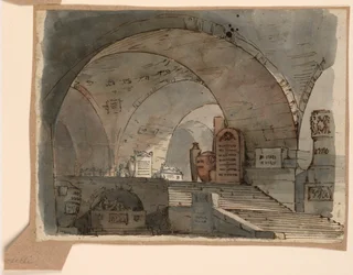 Teckning, scenografi, underjordiskt valvrum med gravar, tidigt 1800-tal