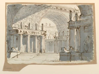 Ritning, scenografi, välvd klassicistisk byggnad, ca 1800