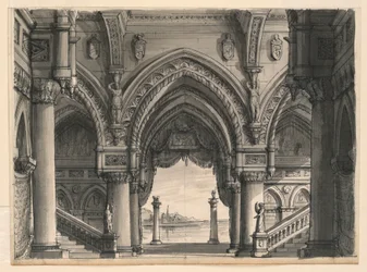 Teckning, scenografi, vy från palatset i Venedig, 1832