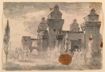 Ritning, scenografi, vy över slottet, 1810-1820