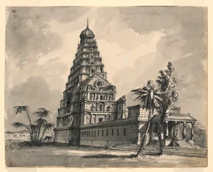 Teckning, scenografi, vy över indiskt tempel, tidigt 1800-tal