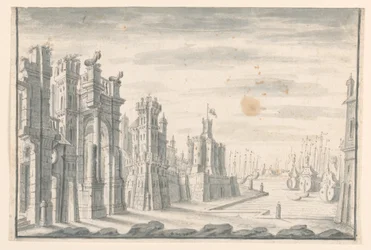 Teckning, scenografi, vy över stad och hamn, tidigt 1700-tal