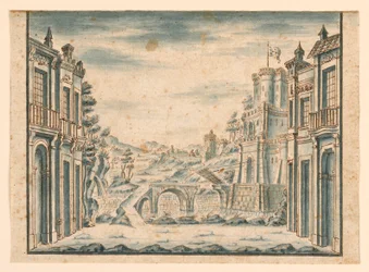 Teckning, scenografi, vy över stad, tidigt 1700-tal
