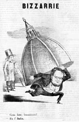 - Vad gör du, sir? - Jag gör Italien (Cavour med Florens kupol) satirisk gravyr av Il Fischietto