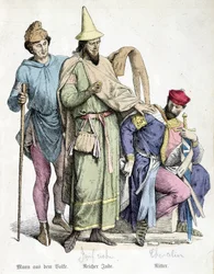 1000-talsdräkter: Mannen med käppen, den rike juden och riddaren. Gravyr av 1800-talet.