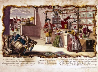 1700-talsgravyr föreställande ett parfymeri.