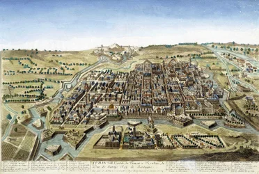 1700-talsgravyr som föreställer staden Turin.