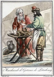 1800-talstallrik som föreställer en rysk man, tårthandlare i Petersburg.