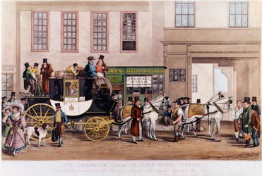 A Diligence in front of the Star Hotel”” i Oxford 1831”” Gravyr från 1800-talet.