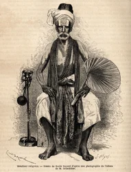 En hinduisk religiös tiggare. Gravyr för att illustrera resan i Indiens meridionalprovinser, av Alfred Grandidier, 1862-1864, publicerad i "" Le tour du monde""" 1869, redigerad av Edouard Charton, upplaga Hachette, Paris. Selva samling.