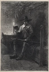 En skotsk puritan - 1800-talsillustration till den historiska romanen "The Puritans of Scotland" (Old Mortality) av Walter Scott (1771-1832)