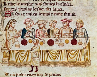 En bankettscen: en kung och hans gäster Miniatyr från "" Entree of Spain"". 1300-talets Venedig, Biblioteca Marciana.