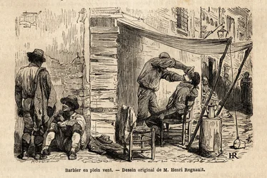 En frisör i vinden på Roms gator. Gravyr för att illustrera resan till Rom, av Francis Wey, 1864-1868, publicerad i "Le tour du monde, nouveau journal des voyages", under ledning av Edouard Charton