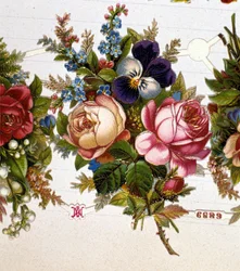 En bukett blandad med rosor, violer. 1800-talets kromolitografi.