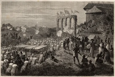 En brudkortege i Tete (Moçambique). Gravyr för att illustrera Dr. Livingstones första resor till södra Afrika från 1840 till 1856, i "Le tour du monde, nouveau journal des voyages"" publicerad under ledning av Edouard Charton