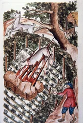 Ett rådjur faller i jägares fälla, från boken "Trujillo del Peru" eller "Codex Martinez Companion", av Baltazar Martinez Companion och Bujanda, biskop av Trujillo (1782-1785)