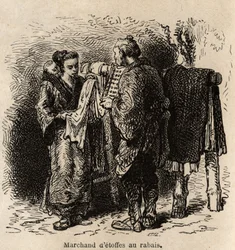 En tyghandlare gör artikeln till en ung kvinna som bär sitt barn på ryggen. Gravyr för att illustrera resan till Japan, av Aime Humbert, minister för Schweiziska edsförbundet, 1863-1864, publicerad i "" le tour du monde", under regi