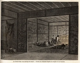 En sovsal på ett värdshus i Japan. Gravyr för att illustrera resan till Japan 1863-1864, av Aime Humbert, minister för Schweiziska edsförbundet, i "Le tour du monde, nouveau journal des voyages", publicerad under ledning av Edouard Charton